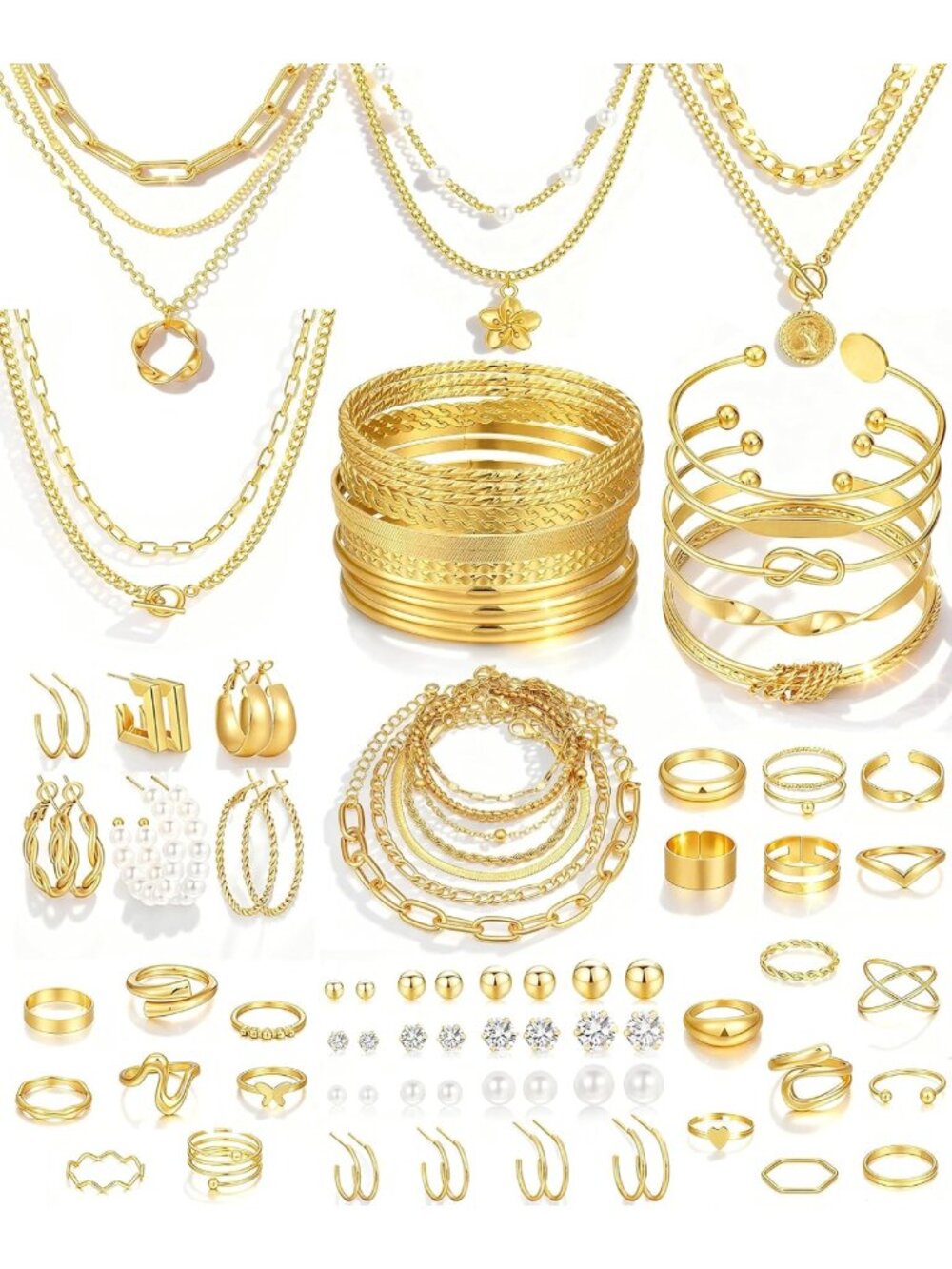 78-Piece Gold Jewelry Set for Women: Necklaces, Bangles, Earrings & Rings Gift